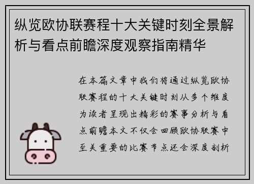 纵览欧协联赛程十大关键时刻全景解析与看点前瞻深度观察指南精华