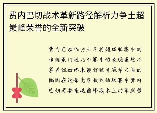 费内巴切战术革新路径解析力争土超巅峰荣誉的全新突破