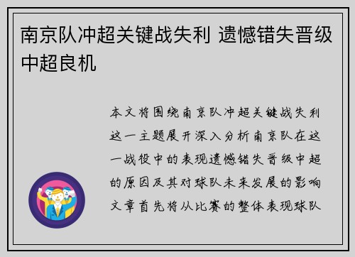 南京队冲超关键战失利 遗憾错失晋级中超良机