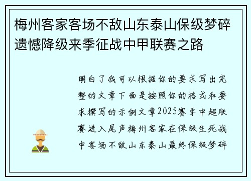 梅州客家客场不敌山东泰山保级梦碎遗憾降级来季征战中甲联赛之路