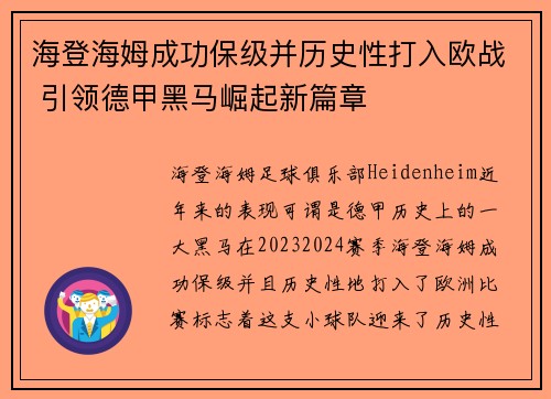 海登海姆成功保级并历史性打入欧战 引领德甲黑马崛起新篇章