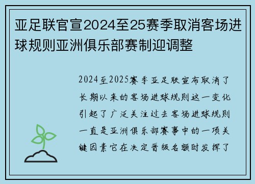亚足联官宣2024至25赛季取消客场进球规则亚洲俱乐部赛制迎调整