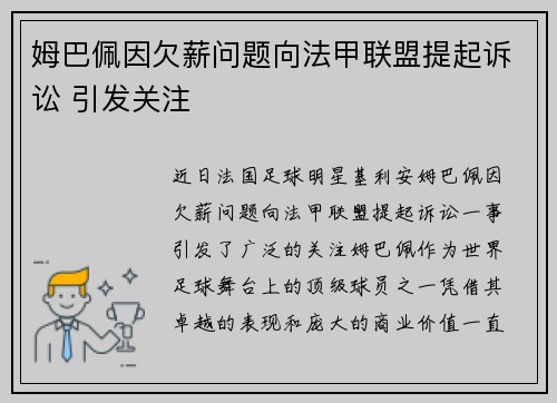 姆巴佩因欠薪问题向法甲联盟提起诉讼 引发关注